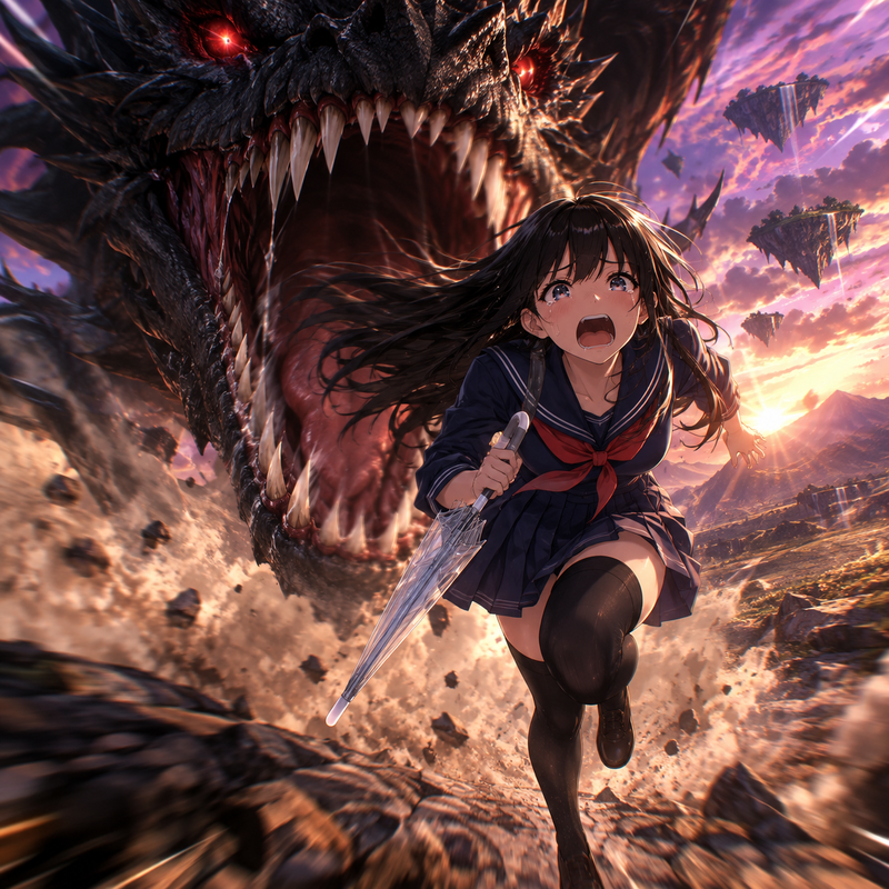 雨の中傘さして歩いていたらいつの間にか異世界に飛ばされドラゴンに追いかけられているセーラー服の女子高生