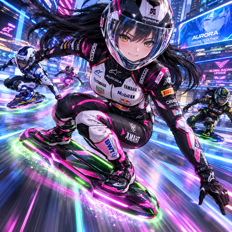 ホバーボードレースに出場して首位をキープしている女の子