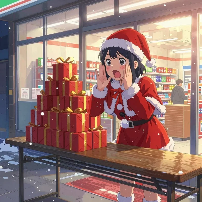 雪が降る中クリスマスケーキを売るために声を上げてるコンビニのバイトの女の子
