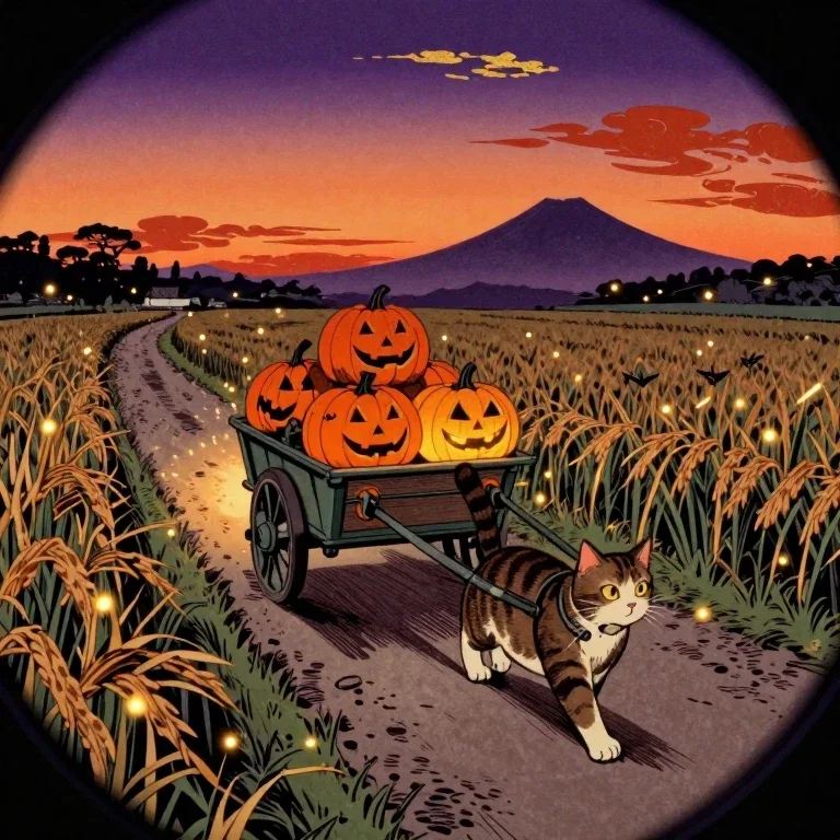 (自動)夕焼けのあぜ道をキジトラ猫が大八車にハロウィンかぼちゃを乗せて運んでいる