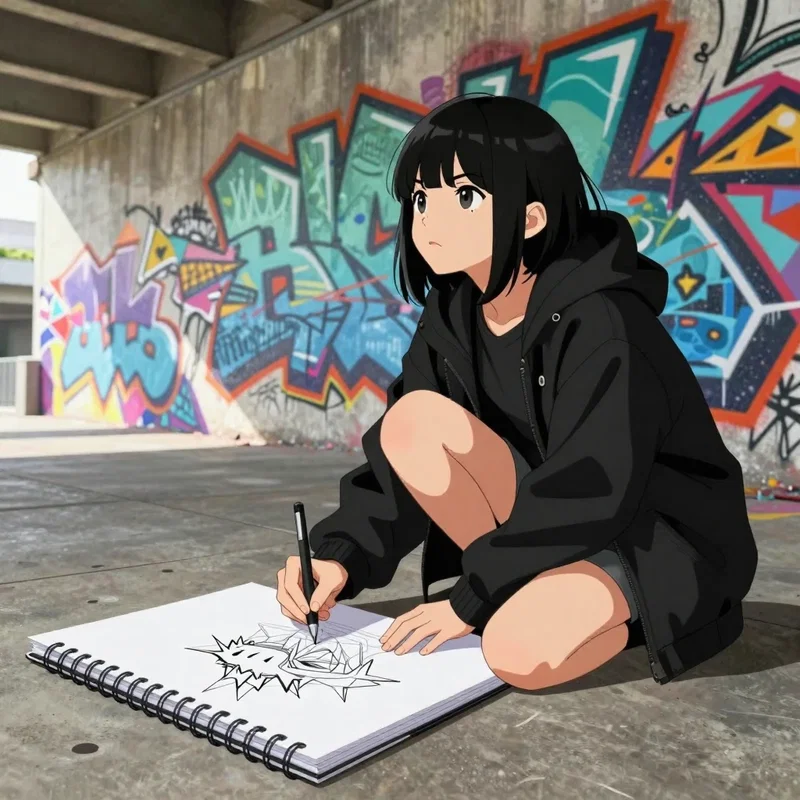 高架下のコンクリートの壁に描かれたグラフィックアートに魅かれスケッチブックに模写してる女の子