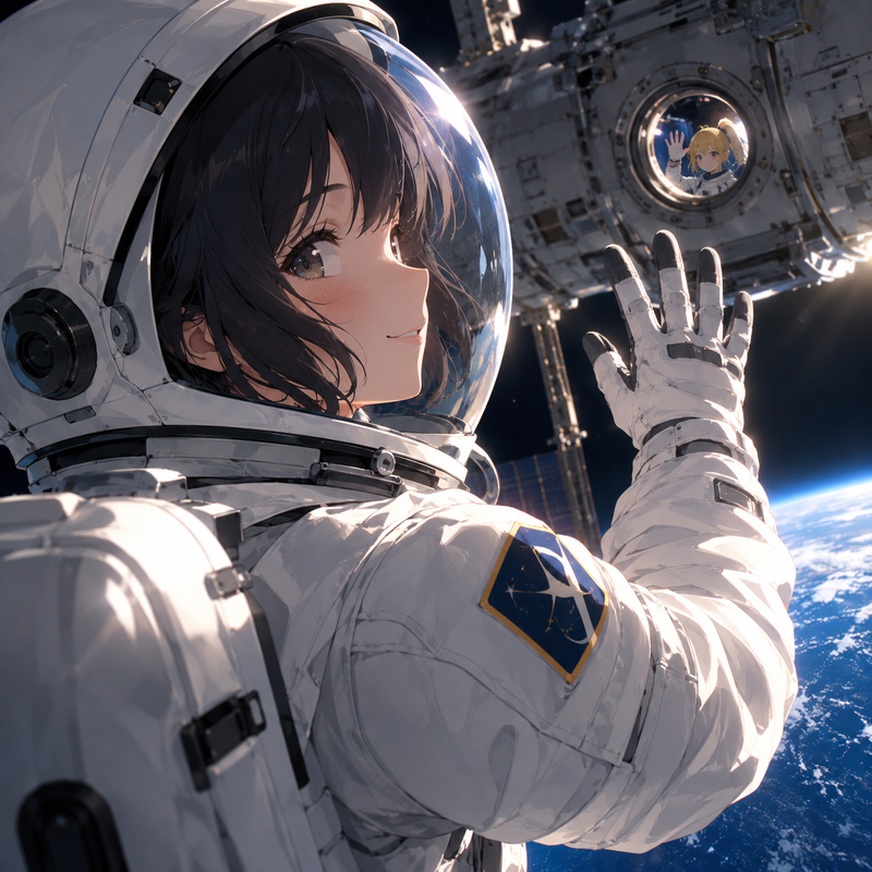 宇宙で船外活動してる女の子と宇宙ステーションから手を振る女の子