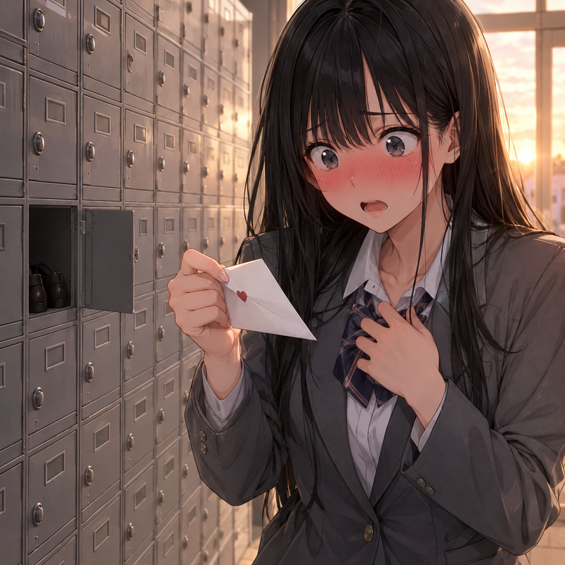 下駄箱開けたらラブレターが入っていて戸惑う女の子