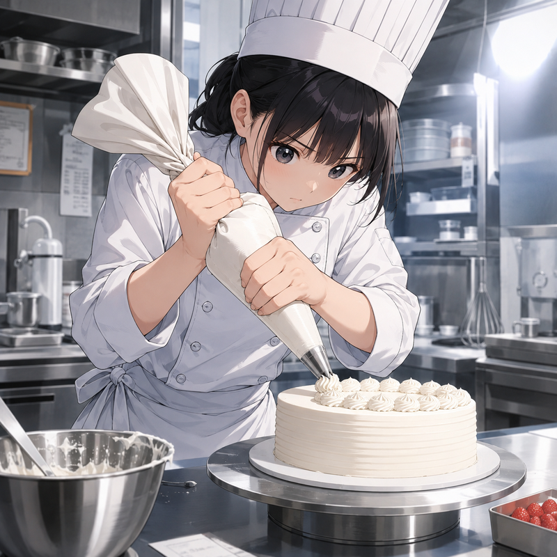 ホイップクリームをケーキにデコレーションするパティシエの女の子