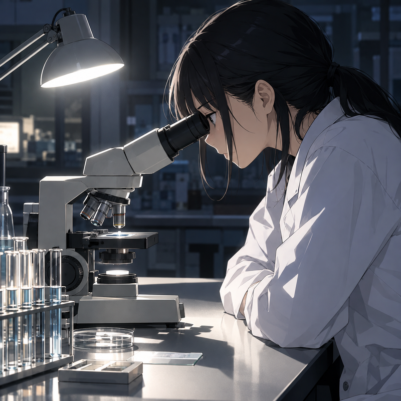 顕微鏡を真剣に覗き込んでいる研究員の女の子