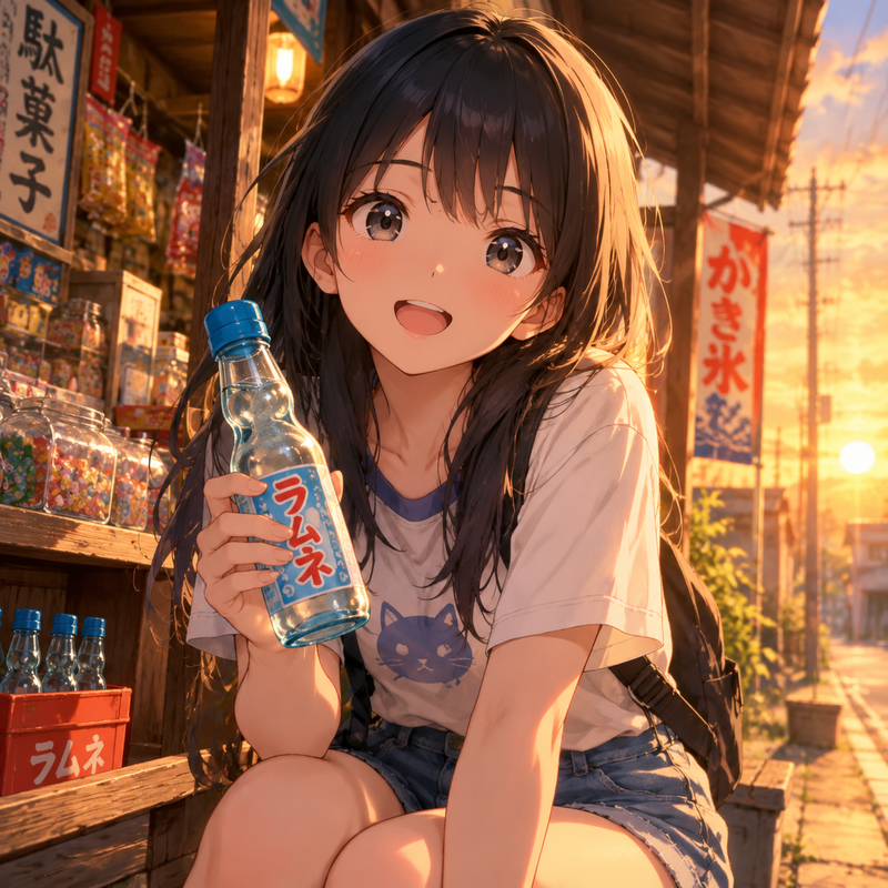 駄菓子屋でラムネを買った女の子