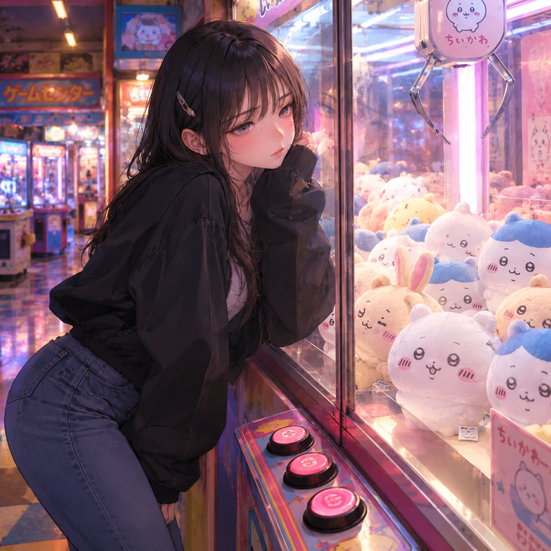 ちいかわのぬいぐるみを欲しそうに眺める女の子