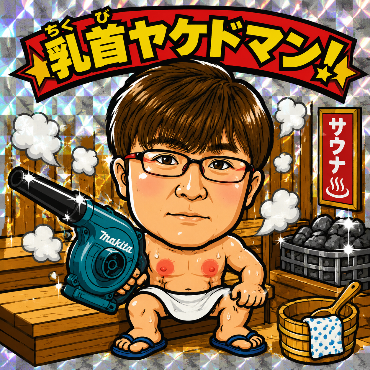 タイトル乳首ヤケドマン！

手にはmakitaのブロワー

背景　サウナ