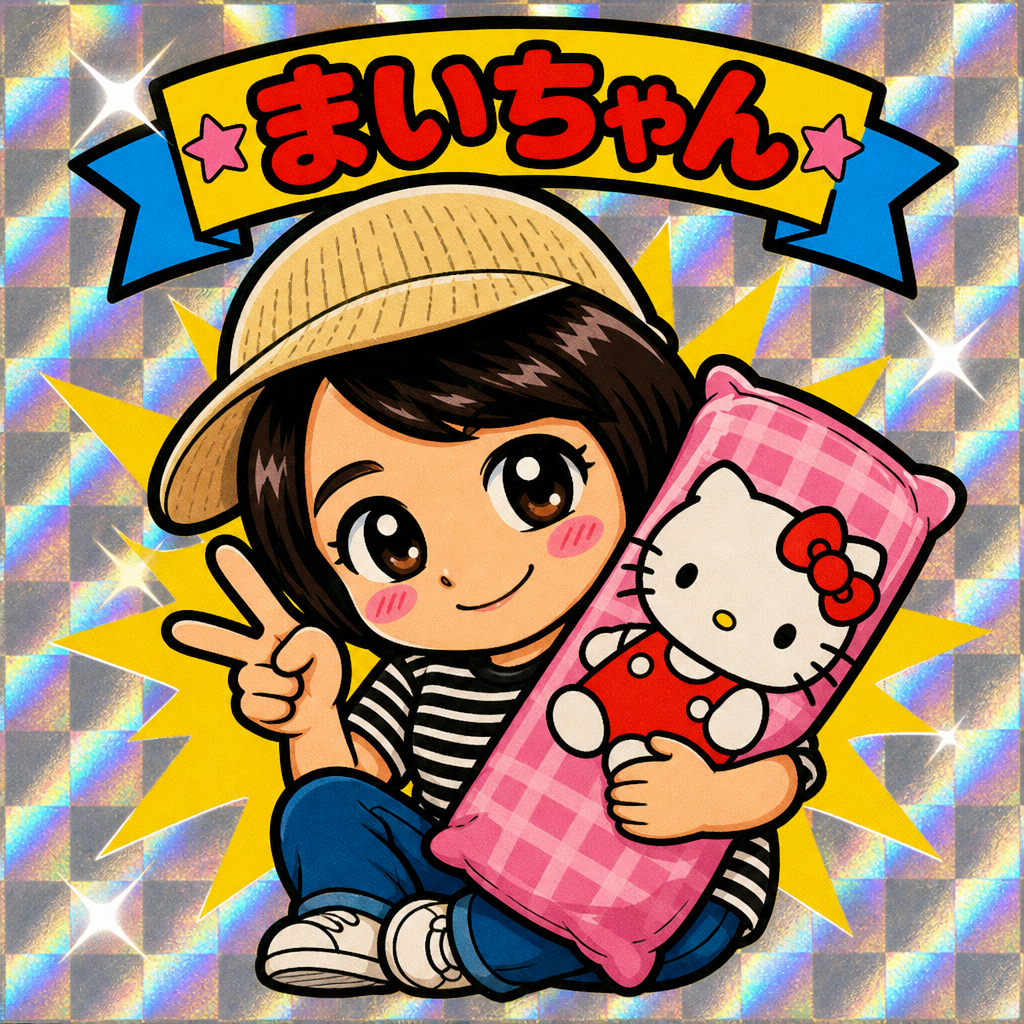 ハローキティの抱き枕を持っている