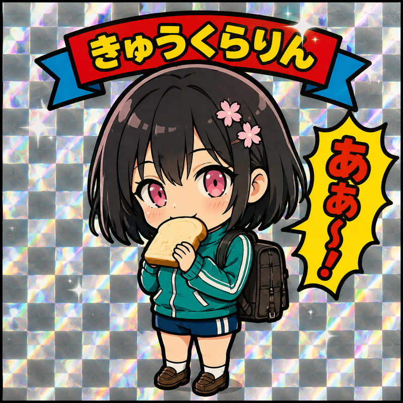 上に「きゅうくらりん」と書く、横に貼り吹き出しで「ああ〜！」と書く