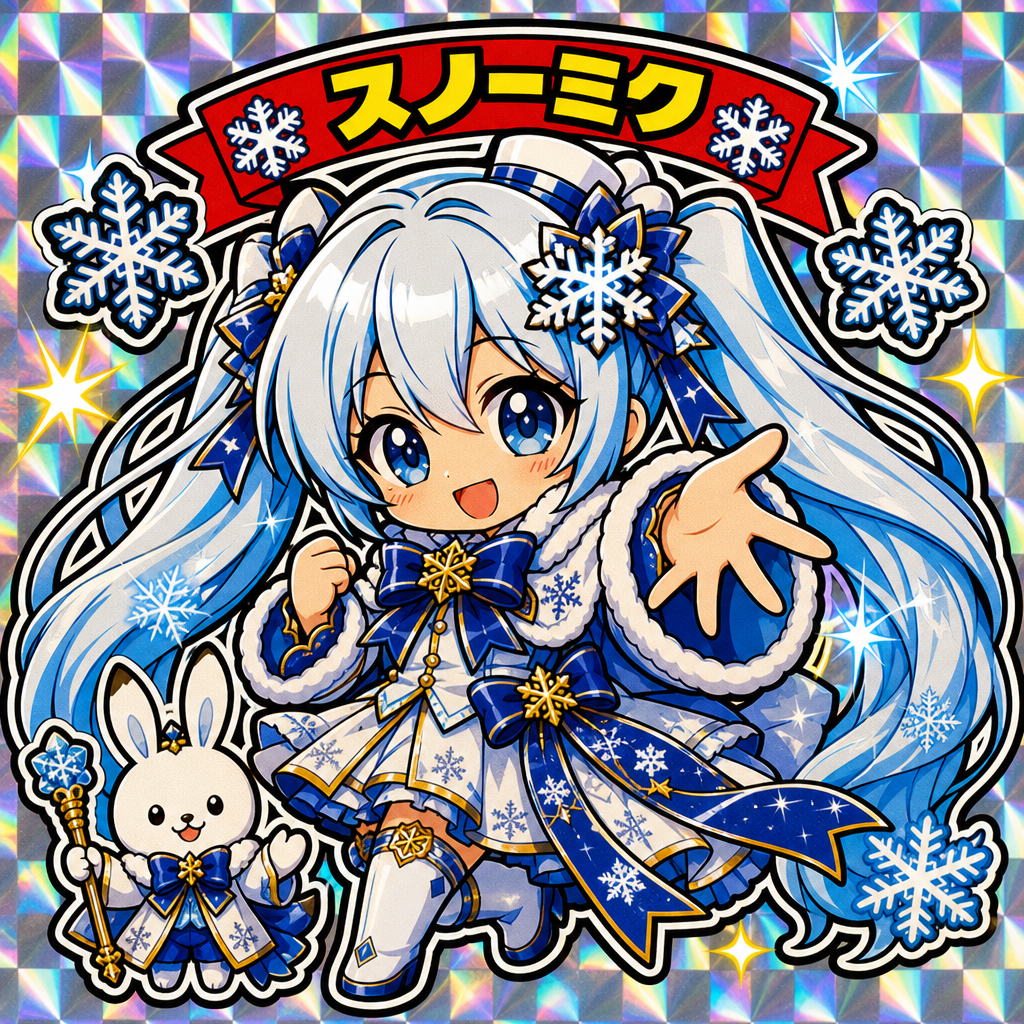 初音ミク、髪が白い、雪の結晶の髪飾りをつけている、雪ミク、キラキラしたオーラを放つ