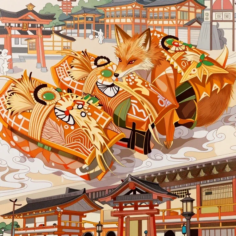 fox god eating inari sushi at shrine