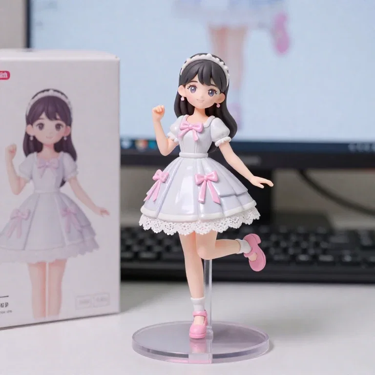 lolita figurine on desk with computer background