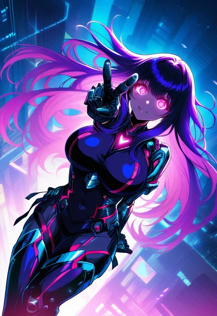 vibrant pink haired gyaru peace sign cyberpunk background