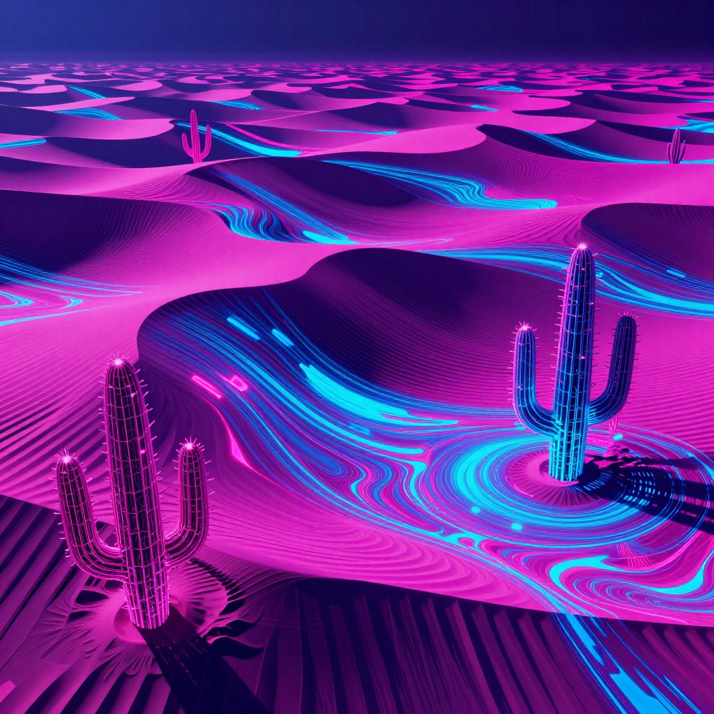 glitchcore fractal art silicon dunes phosphorescent data streams