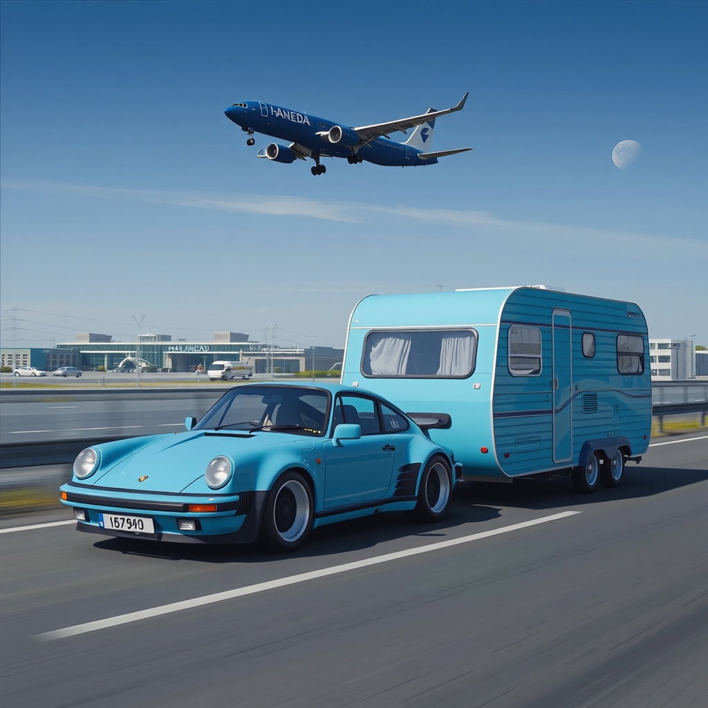 sky blue porsche 911 turbo towing camper haneda airport