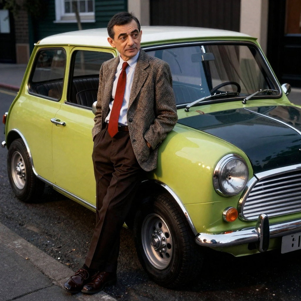 mr bean in lime green mini with worn leather