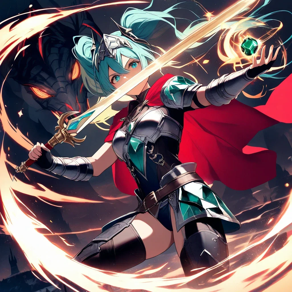 fantasy character in armor with sword and dragon