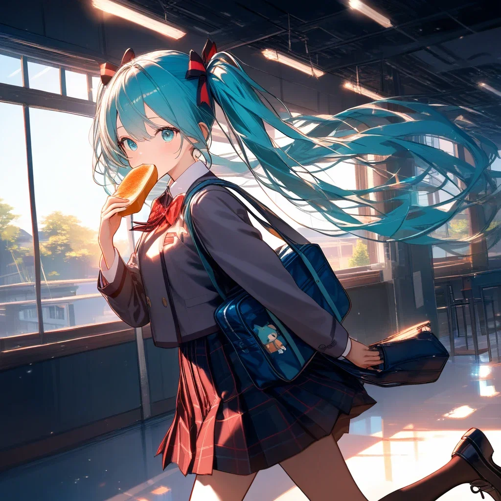 hatsune miku schoolgirl running with bread