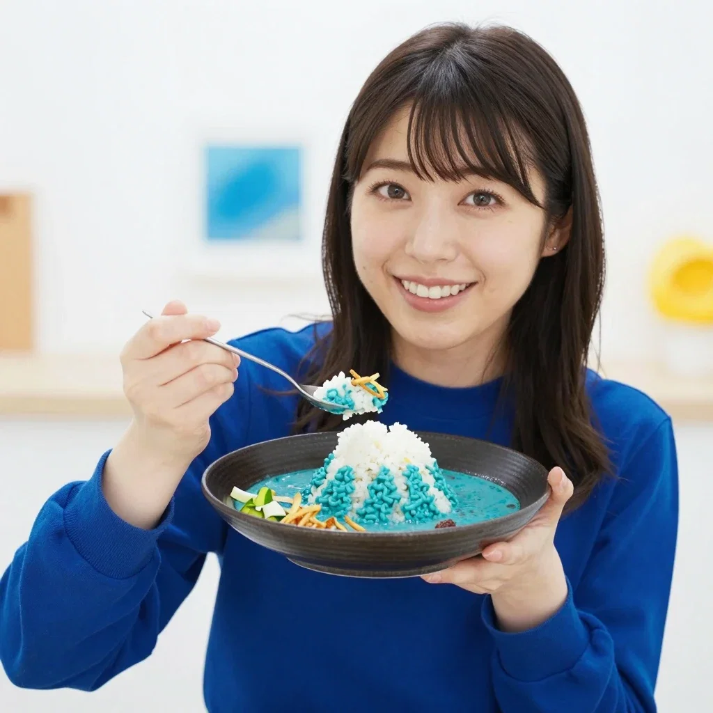 japanese woman eating mt fuji rice curry