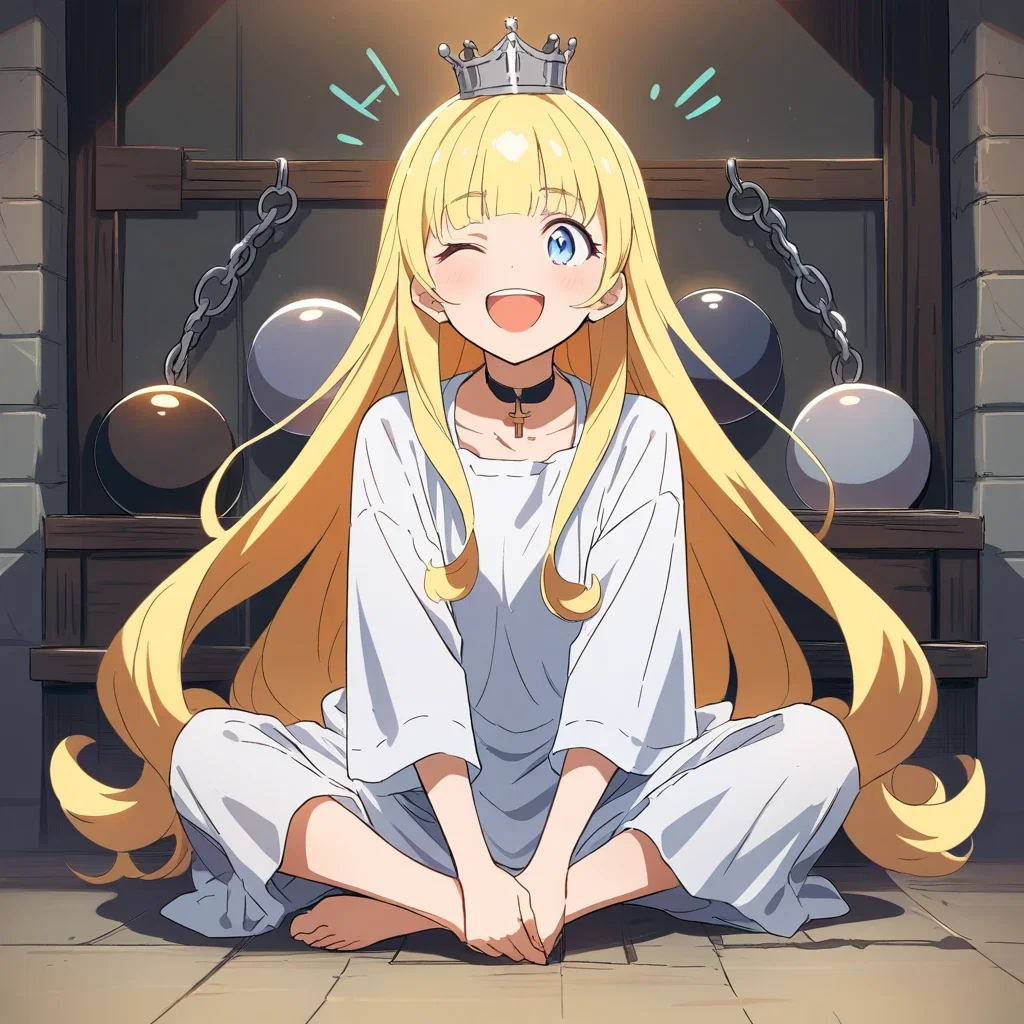 princess laughing in prison chained and crowned