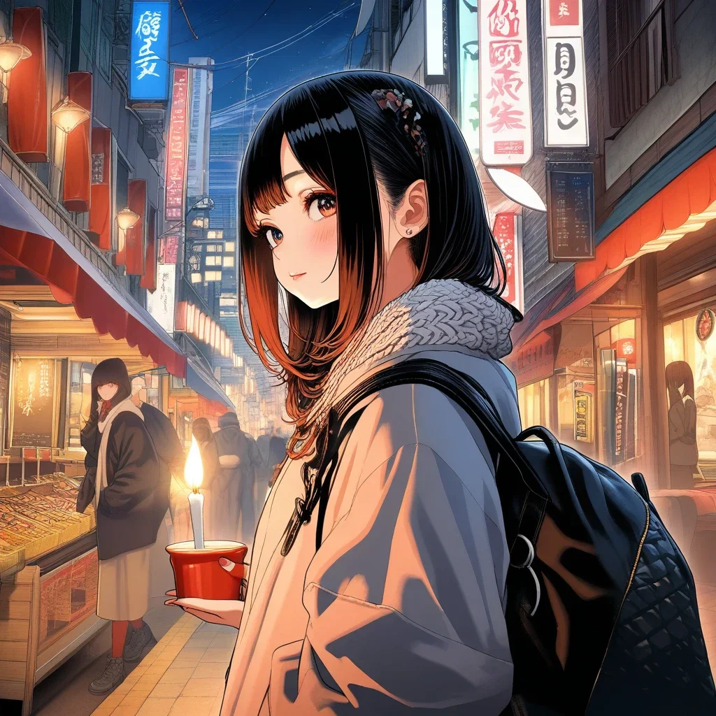 stylish japanese girl traveling europe detailed line drawing