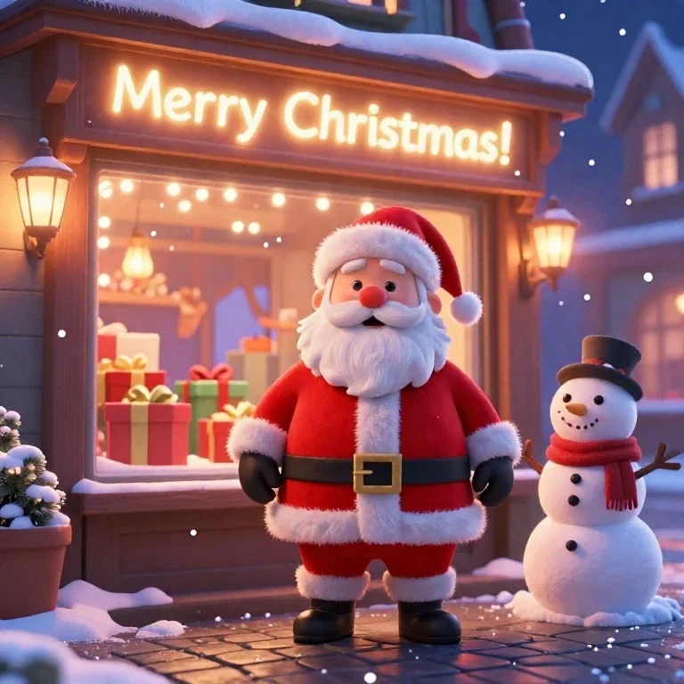 santa outside christmas gift shop snow falls