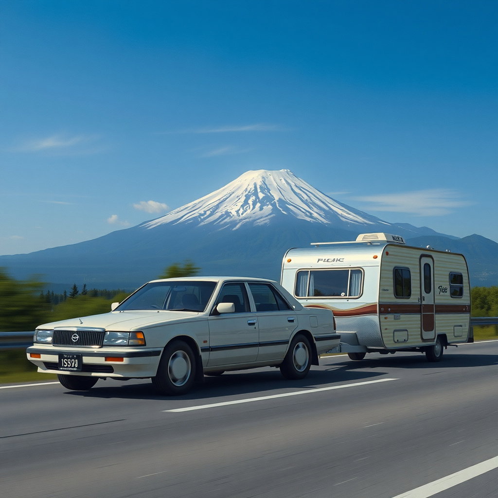 photorealistic nissan cedric y31 towing trailer mount fuji