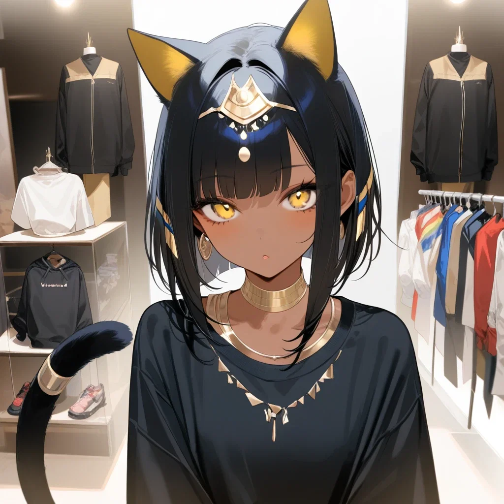 ancient egyptian cat girl black sweatshirt close up