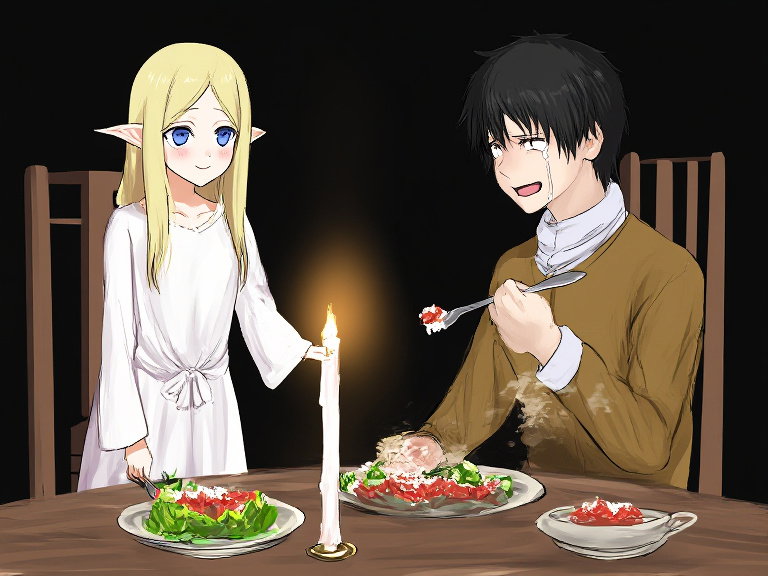 elf blonde blue eyes white dress brings salad