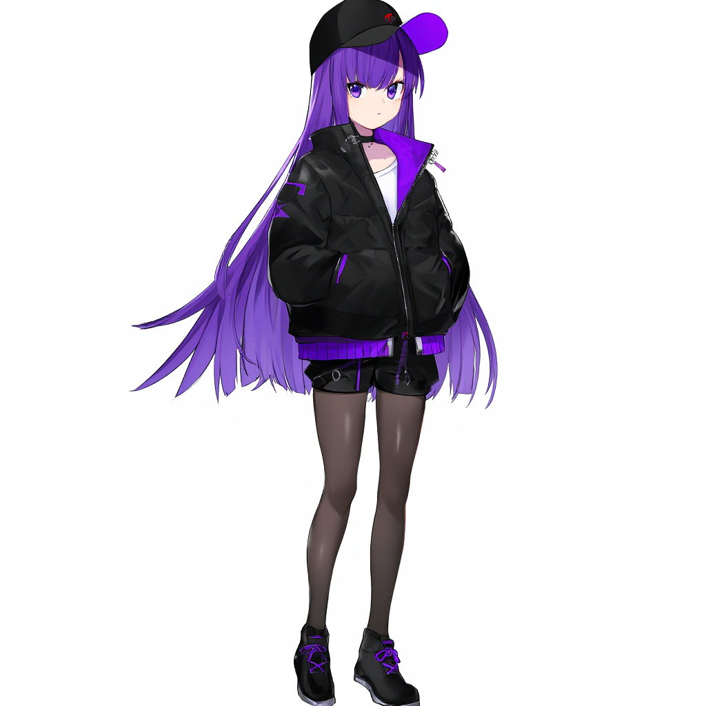 black shorts tights hoodie hat purple hair girl