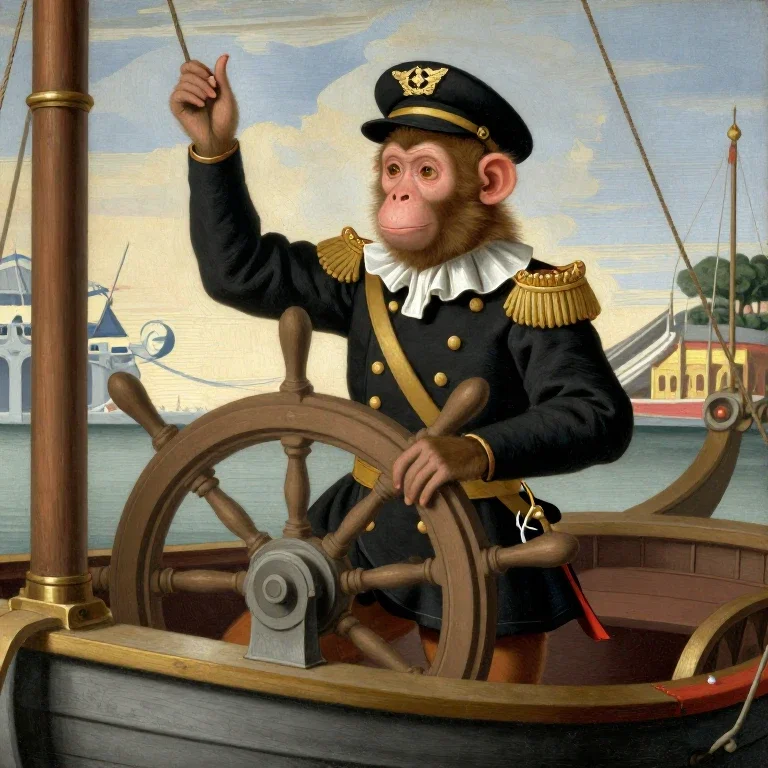 monkey steering boat captain uniform renaissance painting