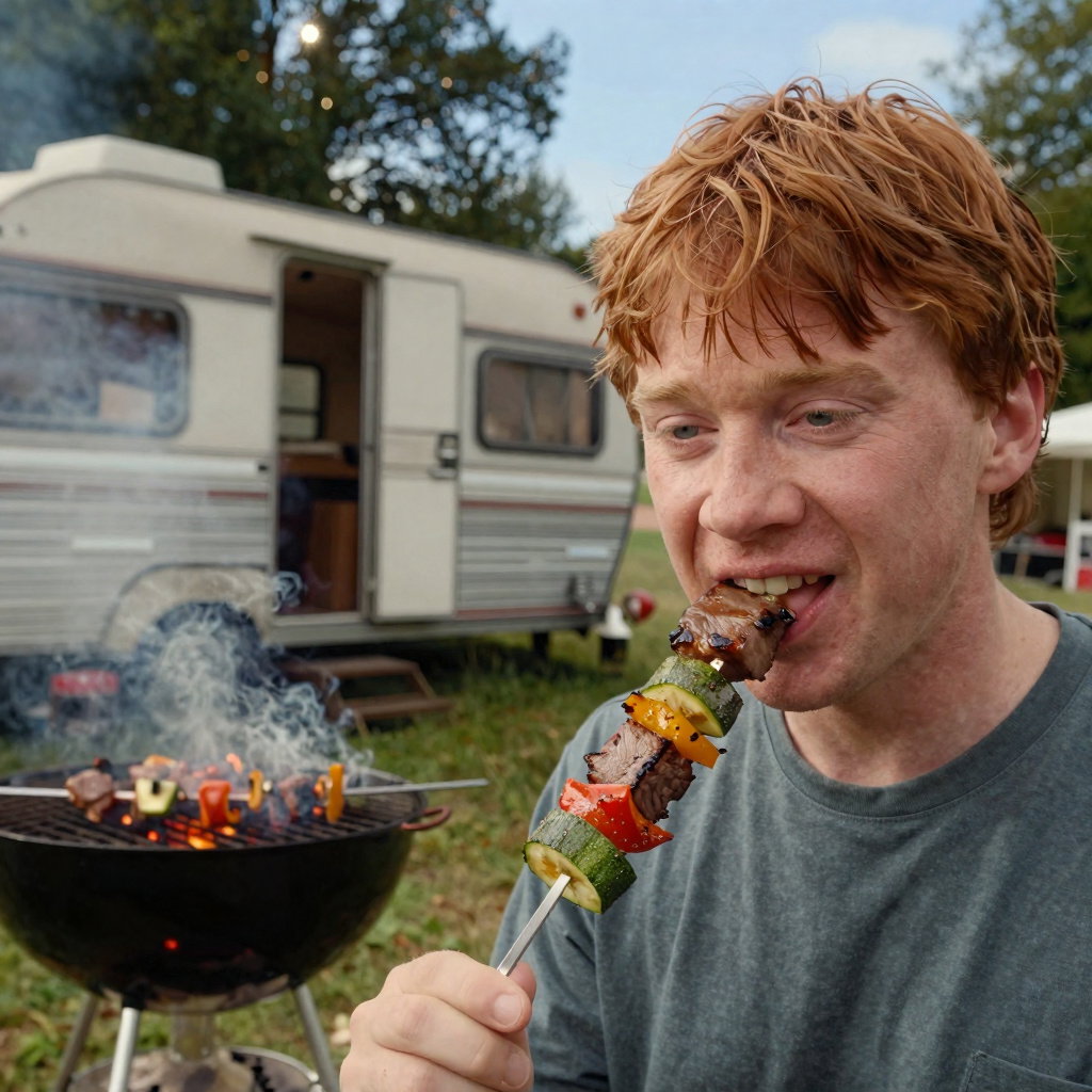 ron weasley eating bbue skewers in forest