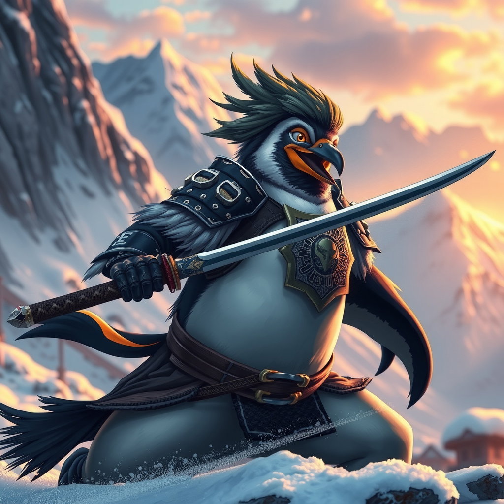 male penguin warrior nodachi armor snow mountain