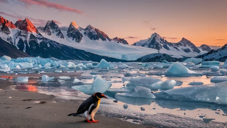 sun beach redsun down ice mountain penguin