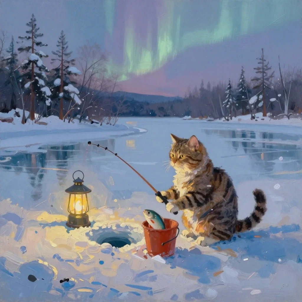 cozy tabby cat ice fishing winter scene