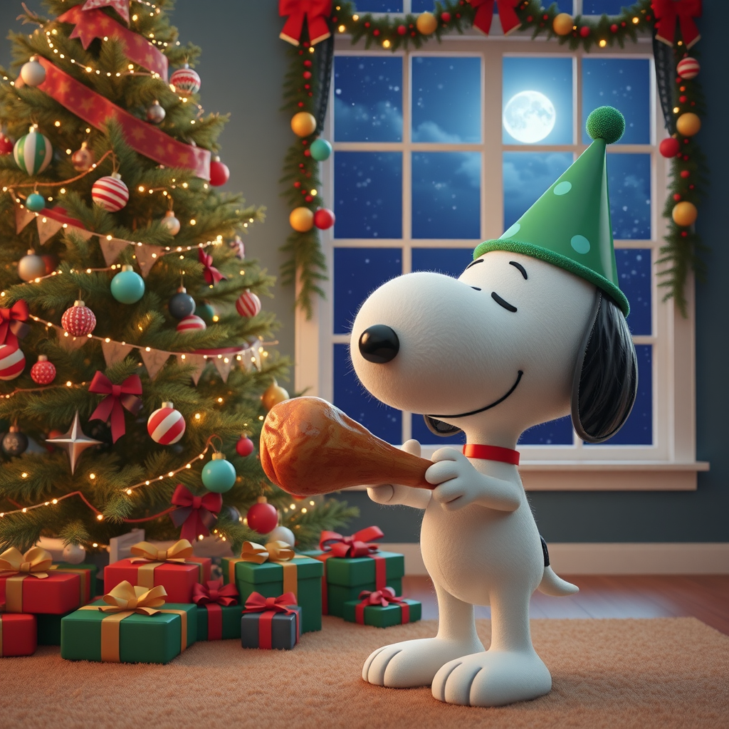 snoopy teal party hat roasted chicken christmas tree night sky