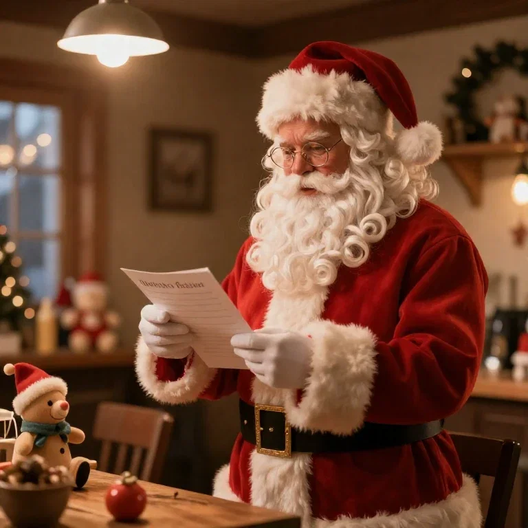 santa checking naughty nice list cozy workshop