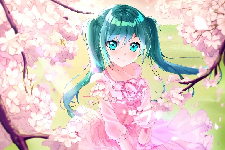 anime girl blue green hair cherry blossoms