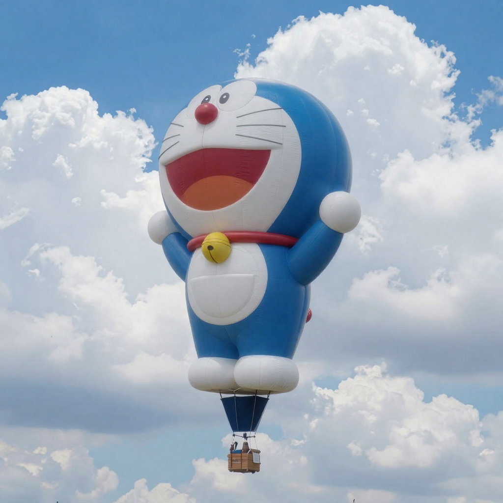 giant doraemon hot air balloon photorealistic render