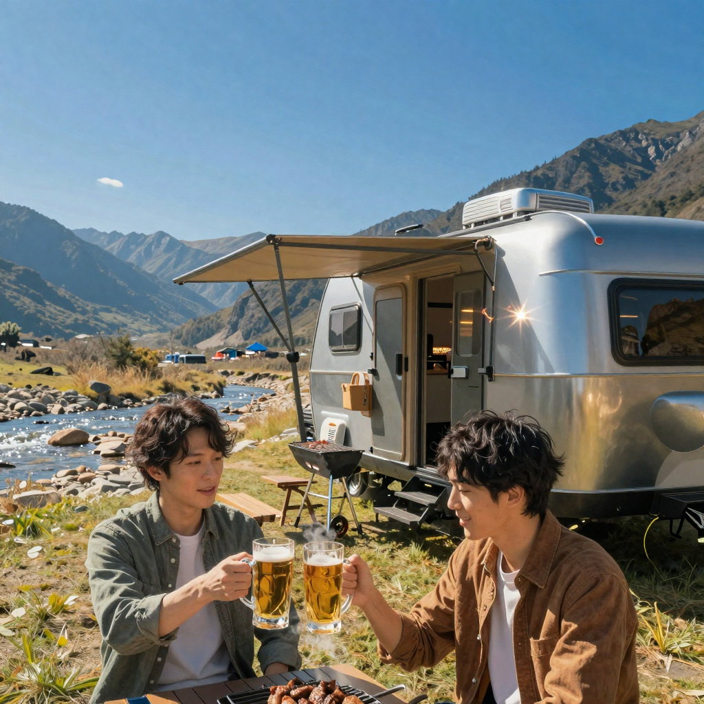 two japanese men grilling bbq drinking lager