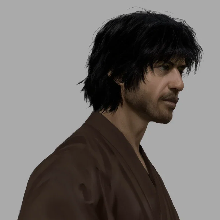 asian keanu reeves gray background messy hair ninja costume