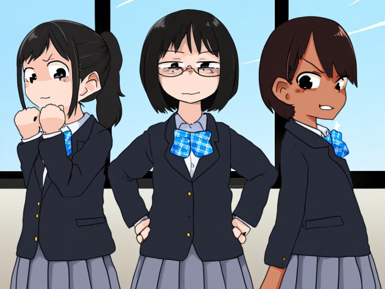 three high school girls anime style