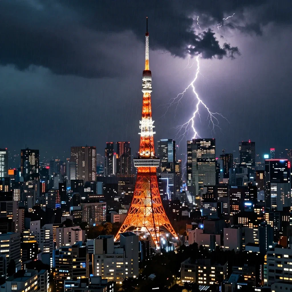 tokyo tower stormy skyline lightning rain