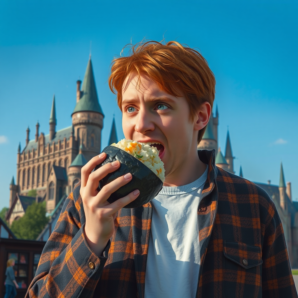 ron weasley holding giant bakudan onigiri hogwarts courtyard