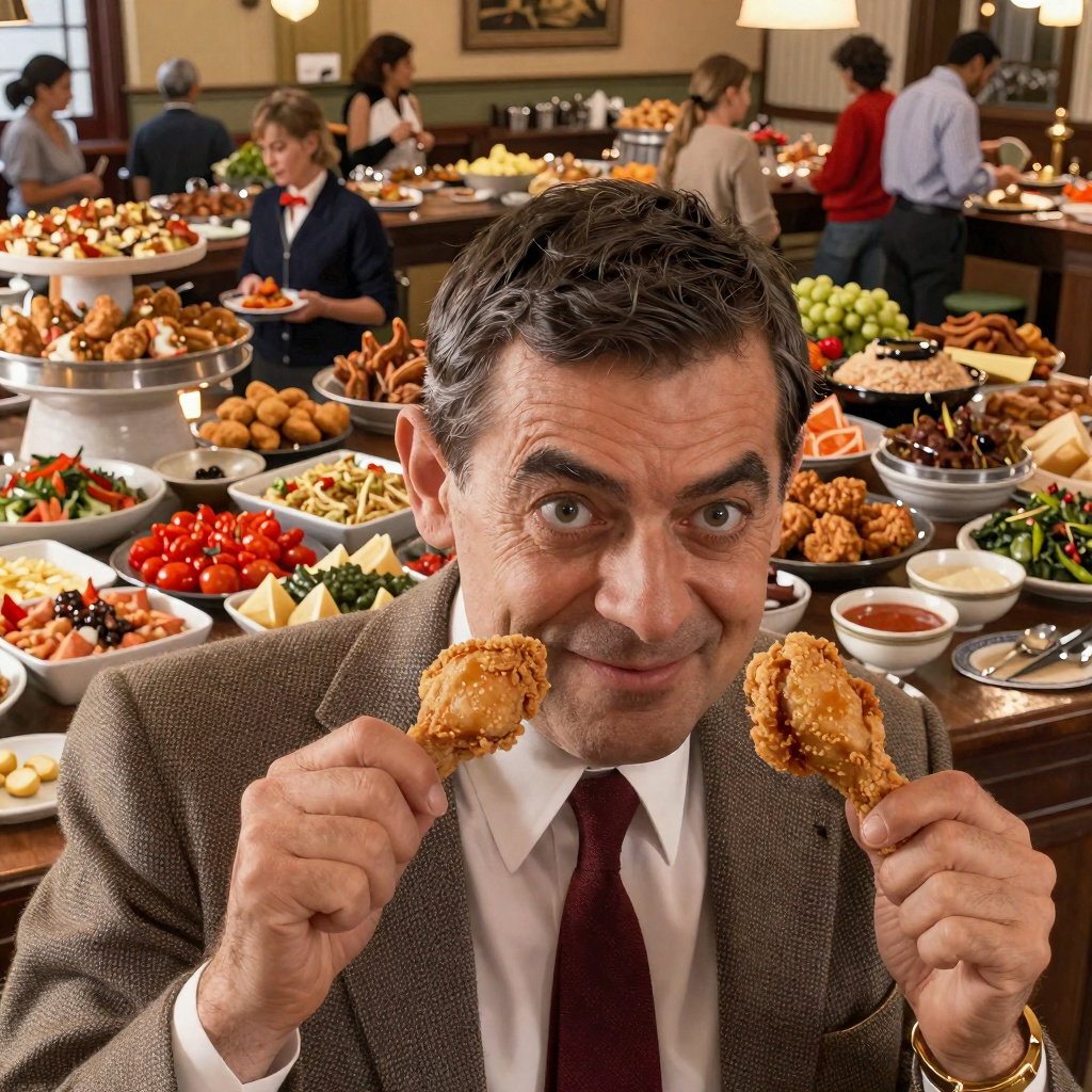 mr bean with fried chicken at scandinavian buffet