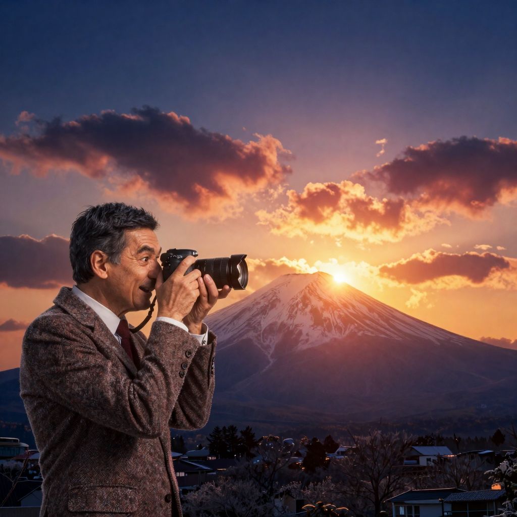 mr bean with camera at mount fuji sunrise
