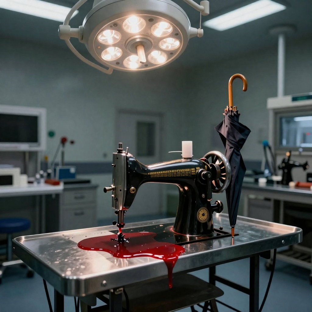 surrealist photorealism antique sewing machine furled umbrella