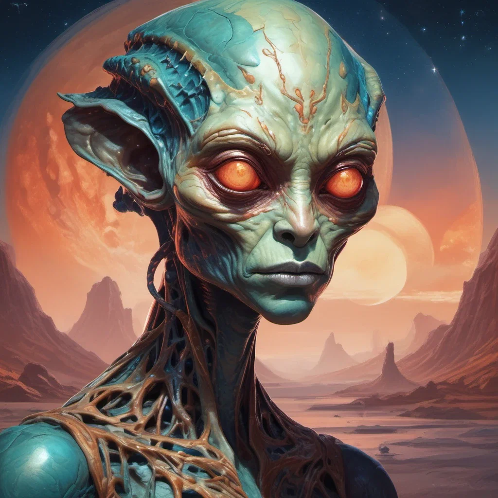 female alien bust gas planet background