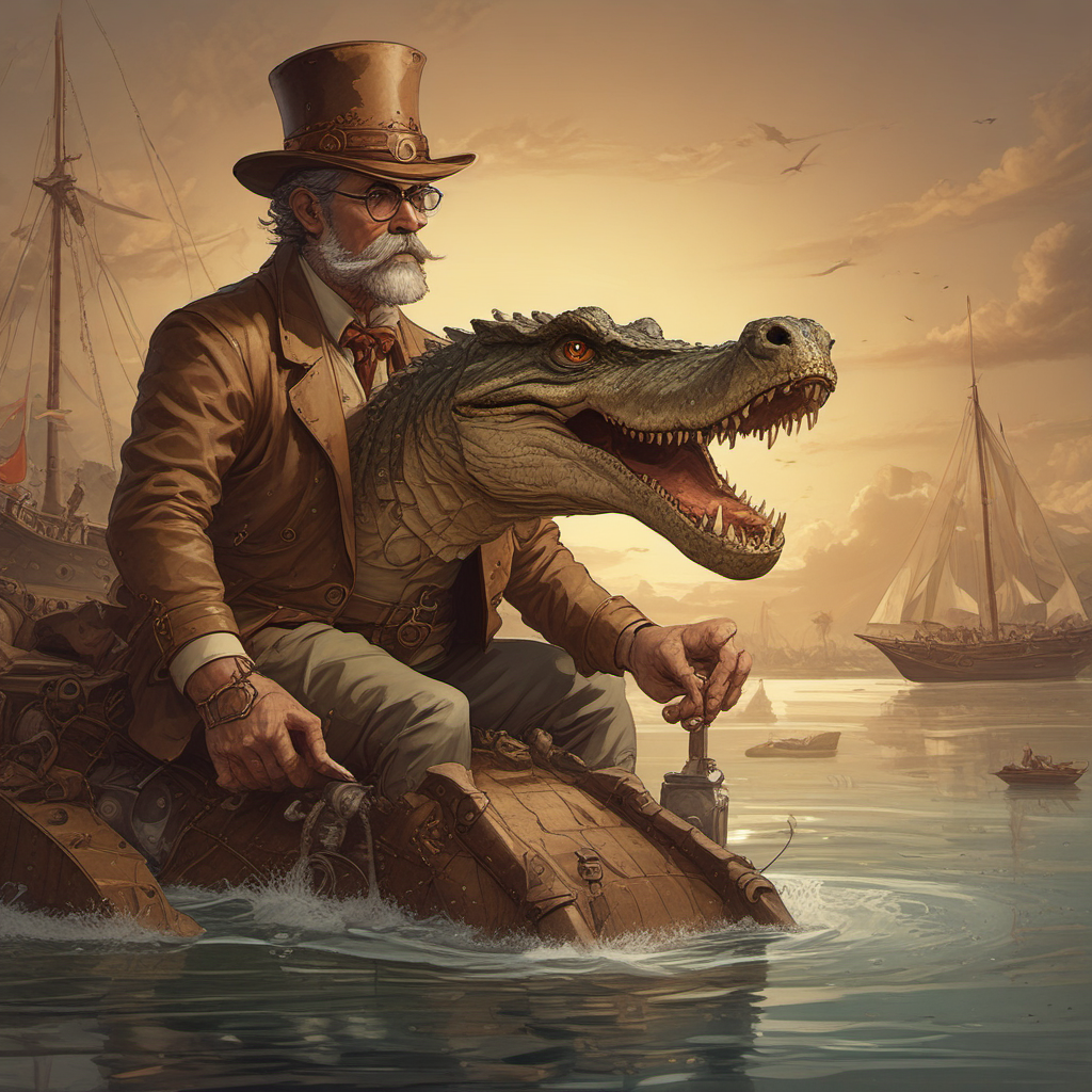 steampunk man riding crocodile fantasy world